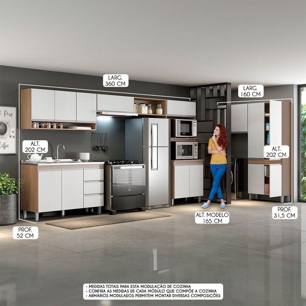 Cozinha Completa Modulada Sabrina 360x202cm 7pçs Menu Móveis Branco Avelã - 2