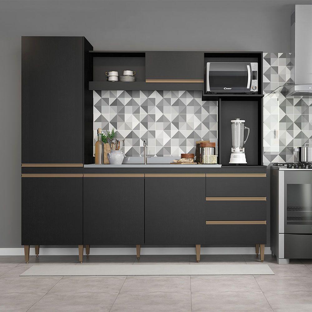 Cozinha Compacta Completa Balcão Paneleiro Mdp Menu Móveis Preto - 1