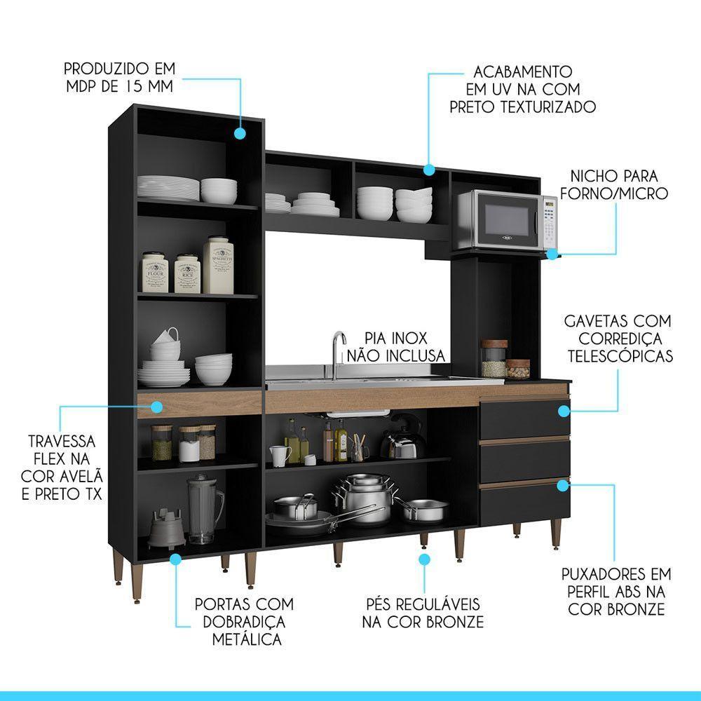 Cozinha Compacta Completa Balcão Paneleiro Mdp Menu Móveis Preto - 4