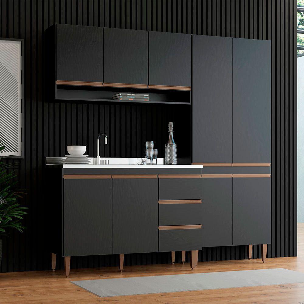 Cozinha Compacta Com Balcão Pia Sabrina 3pçs Mdp Menu Móveis Preto - 1