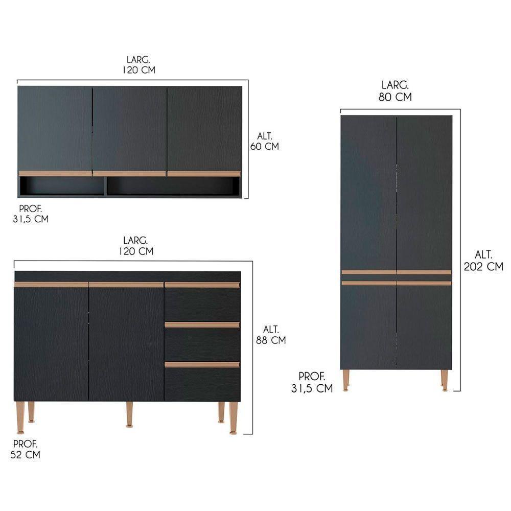 Cozinha Compacta Com Balcão Pia Sabrina 3pçs Mdp Menu Móveis Preto - 3