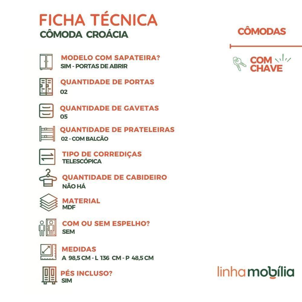 Comoda Sapateira Croacia 2 Portas Ripada Com Chave E 5 Gavetas 100% Mdf – Linhamobilia Cinamomo - 5