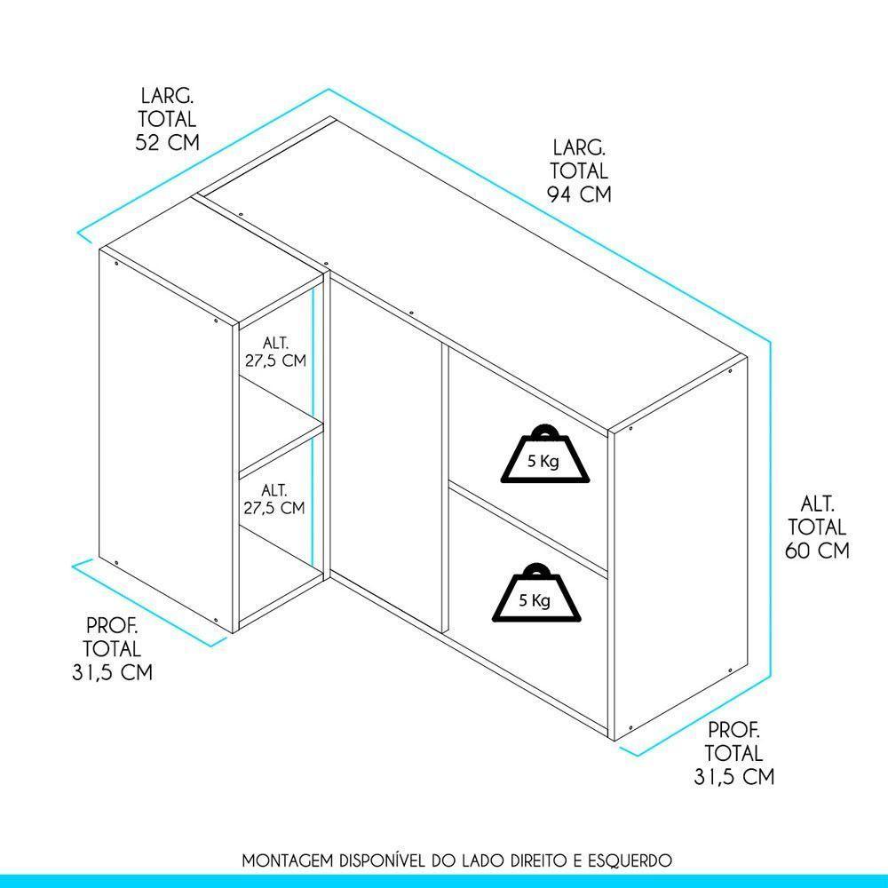 Armário Aéreo Canto Reto Sabrina 1pt 94x60cm Mdp Menu Móveis Branco Avelã - 3
