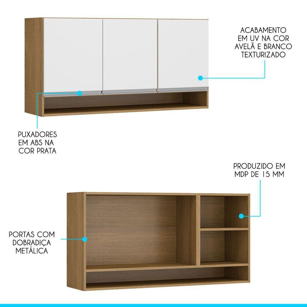 Armário Aéreo 3 Portas 120x60cm Sabrina Mdp Menu Móveis Branco Avelã - 4