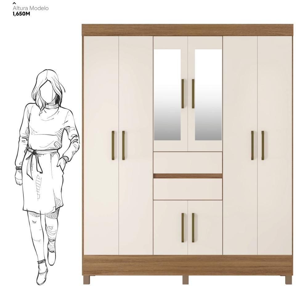 Kit Guarda Roupa Casal Com Espelho 8 Portas Munique Cômoda Atria Amêndola Touch Off White - 8