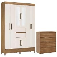 Kit Guarda Roupa Casal Com Espelho 8 Portas Munique Cômoda Atria Amêndola Touch Off White - 1