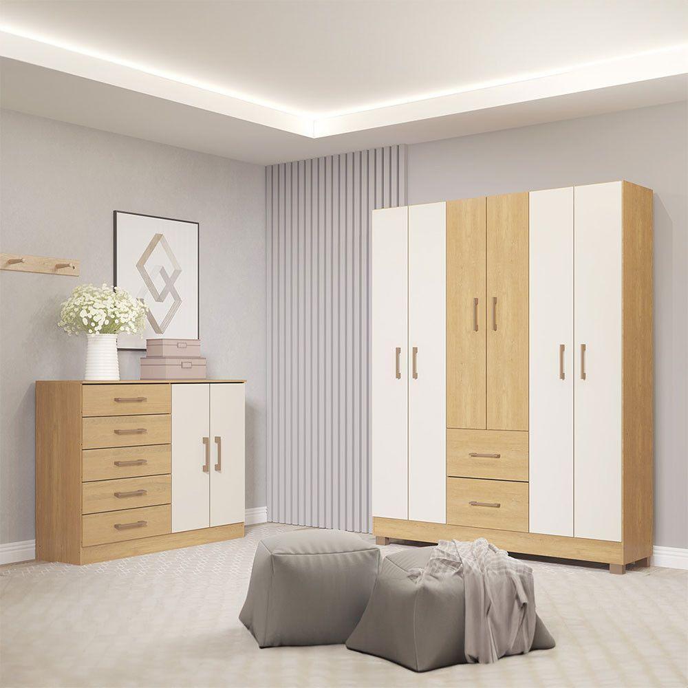 Kit Quarto Casal Completo Guarda Roupa Cômoda Menu Móveis Carvalho - 1