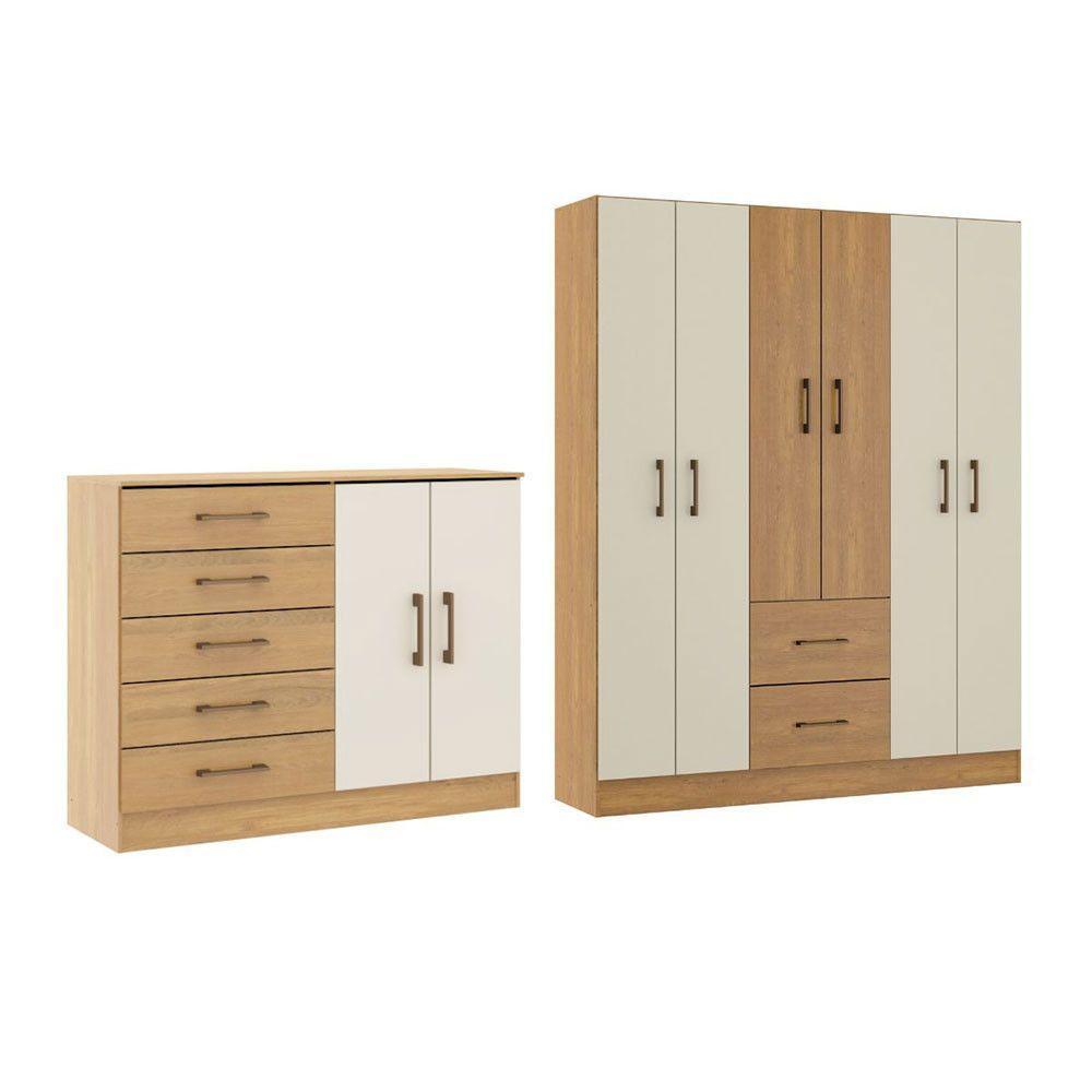 Kit Quarto Casal Completo Guarda Roupa Cômoda Menu Móveis Carvalho - 2
