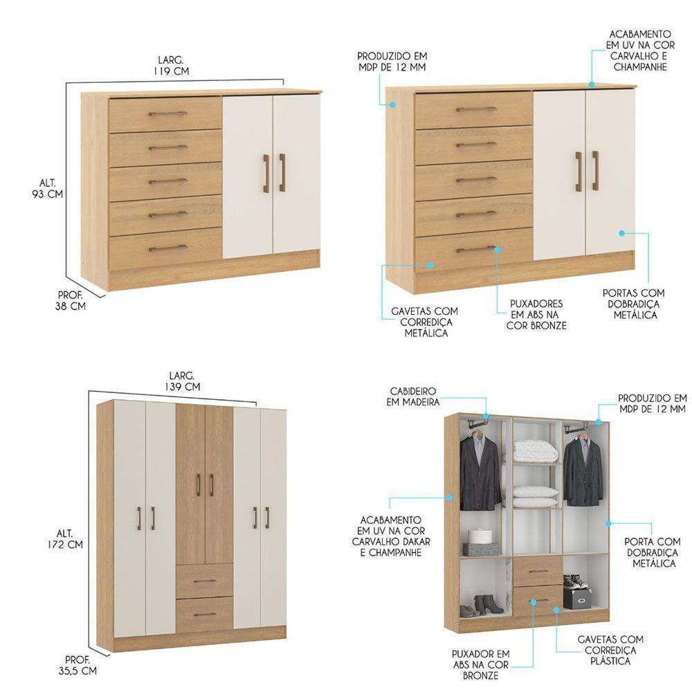 Kit Quarto Casal Completo Guarda Roupa Cômoda Menu Móveis Carvalho - 3