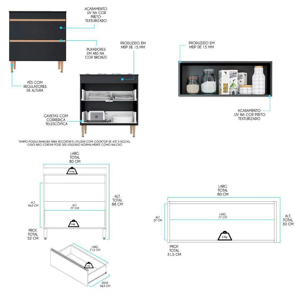 Cozinha Modulada Com Torre Quente Sabrina 6pçs Menu Móveis Preto - 5