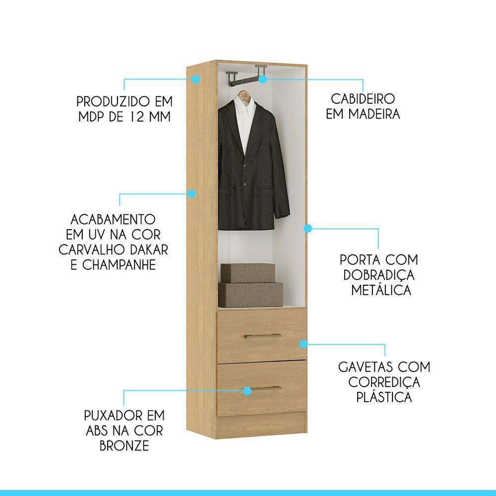 Guarda Roupa Solteiro 2 Pts 2 Gavetas 47x172cm Menu Móveis Carvalho - 4