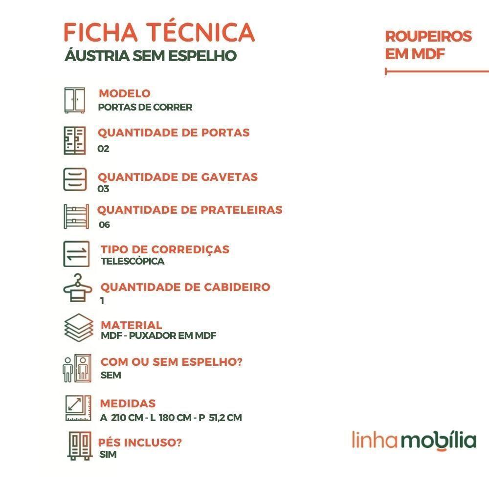 Guarda Roupa Austria Casal 2 Portas De Correr Ripado Com Espelho E 3 Gavetas 100% Mdf Linhamobilia - Branco - 5