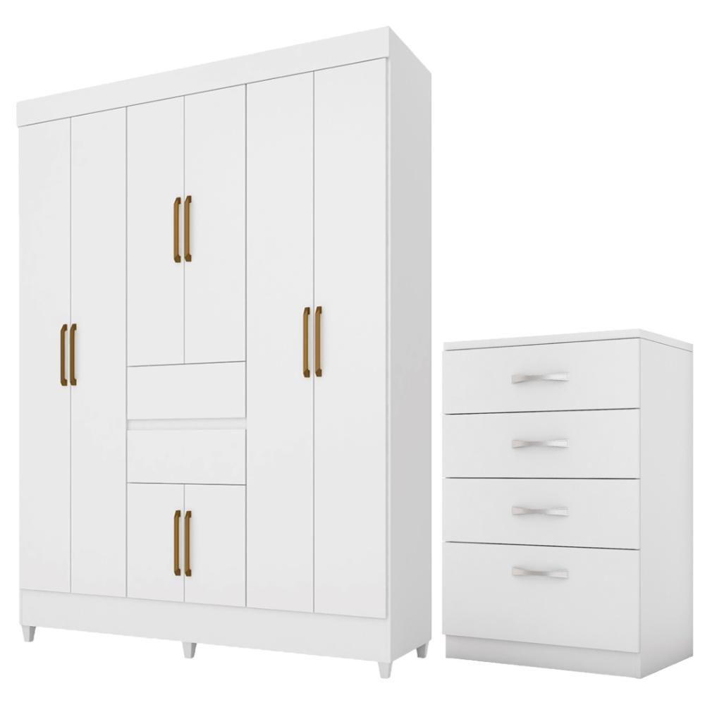 Kit Guarda Roupa Casal Com Espelho 8 Portas Munique Cômoda Astral Branco - 1