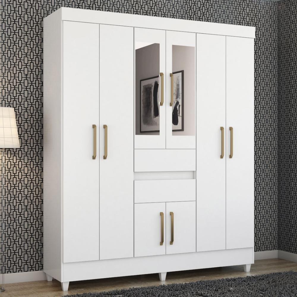 Kit Guarda Roupa Casal Com Espelho 8 Portas Munique Cômoda Astral Branco - 3