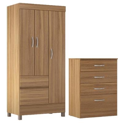 Kit Guarda Roupa Solteiro Wind com Cômoda Astral 3 Portas Giratórias 2 Gavetas em MDP Amêndola Touch