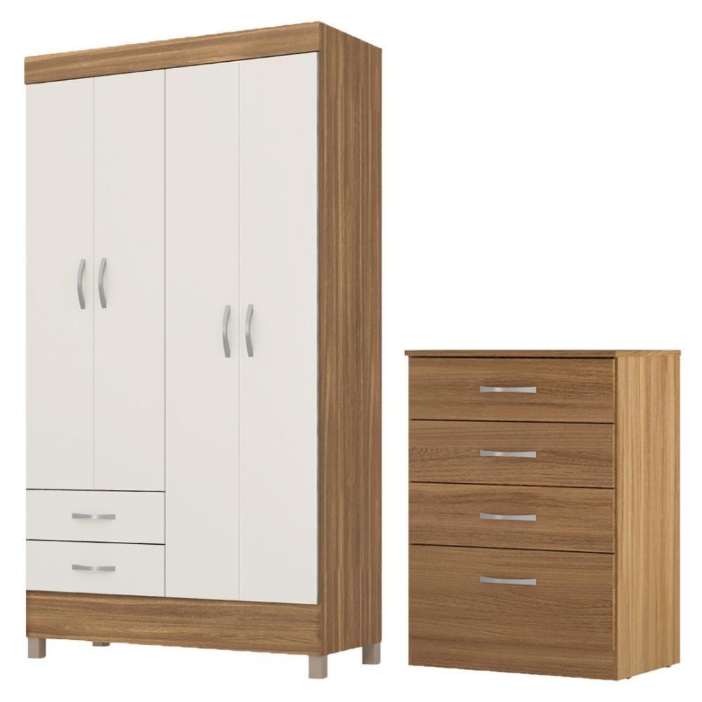 Kit Guarda Roupa Solteiro 4 Portas Astro Cômoda Astral Amêndola Touch Off White - 1