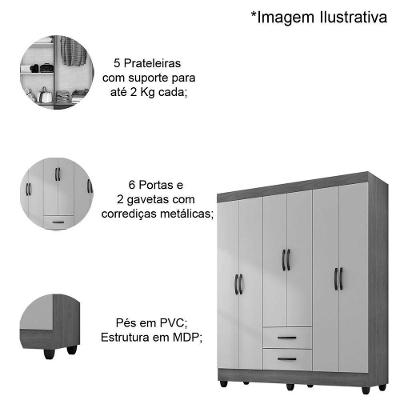 Guarda Roupa Casal 6 Portas Porta de Bater 2 Gavetas Branco MDP Móveis Leão