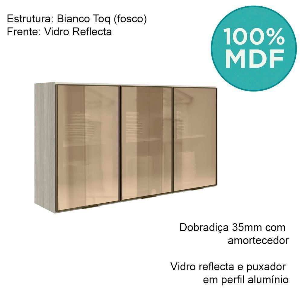 Armario Aereo 3 Portas Vidro Mdf 120 Cm Kali 1219763 Bianco Toq Nicioli - 5