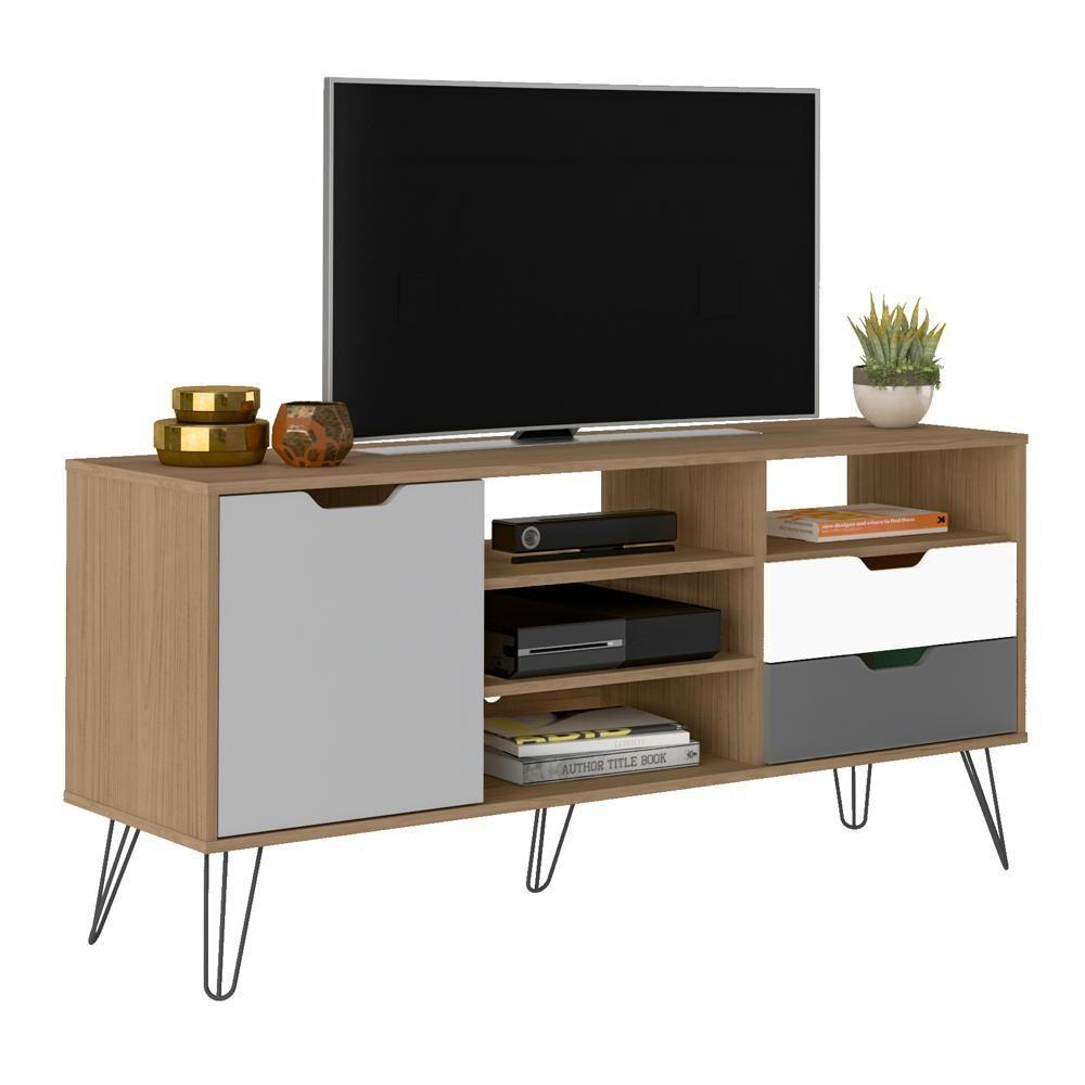 Rack Bancada Tv 60 Pol 140 Cm Grafite Prata Branco Carvalho Arly - 2