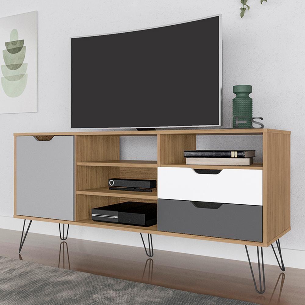 Rack Bancada Tv 60 Pol 140 Cm Grafite Prata Branco Carvalho Arly - 3
