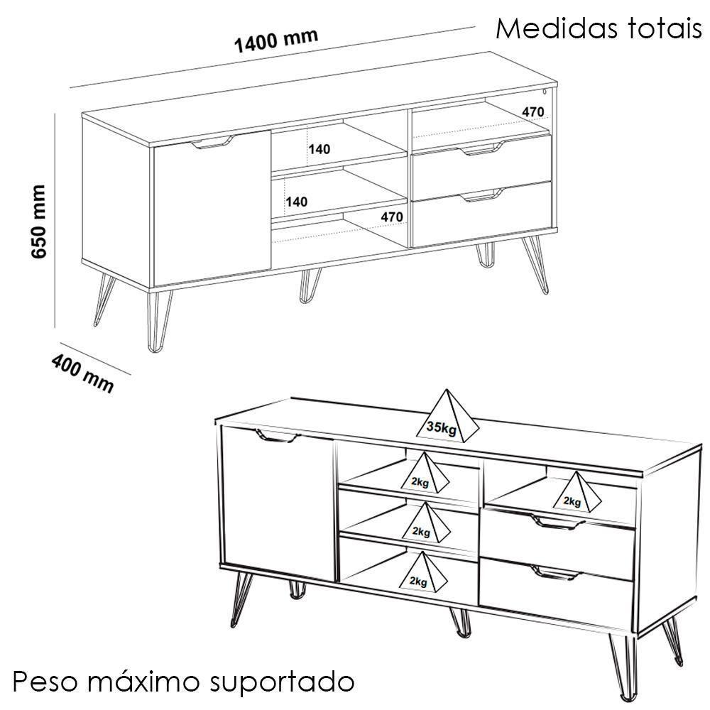 Rack Bancada Tv 60 Pol 140 Cm Grafite Prata Branco Carvalho Arly - 4
