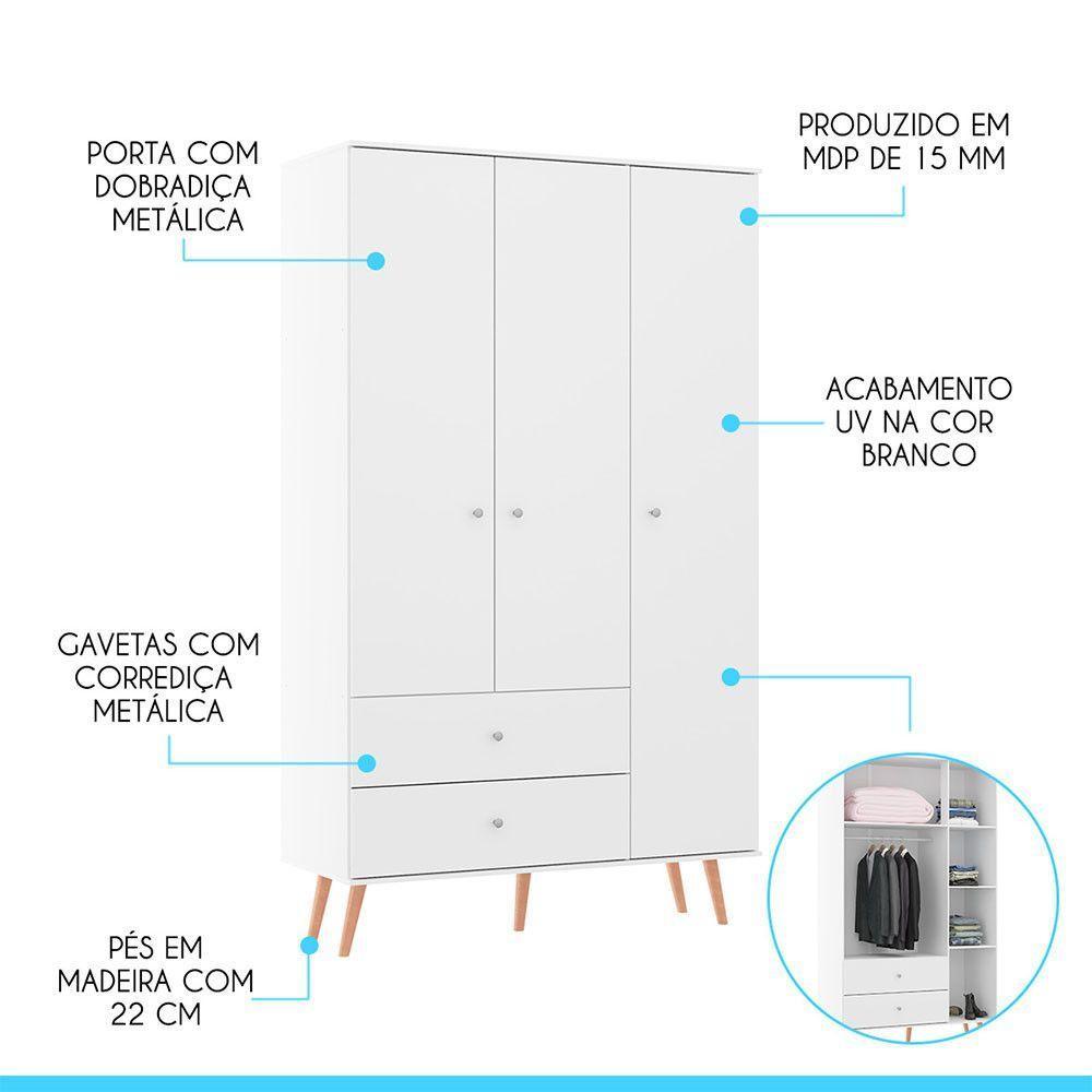 Guarda Roupa Retrô 120x206cm 3 Pts 2 Gvts Branco Menu Móveis Branco - 2