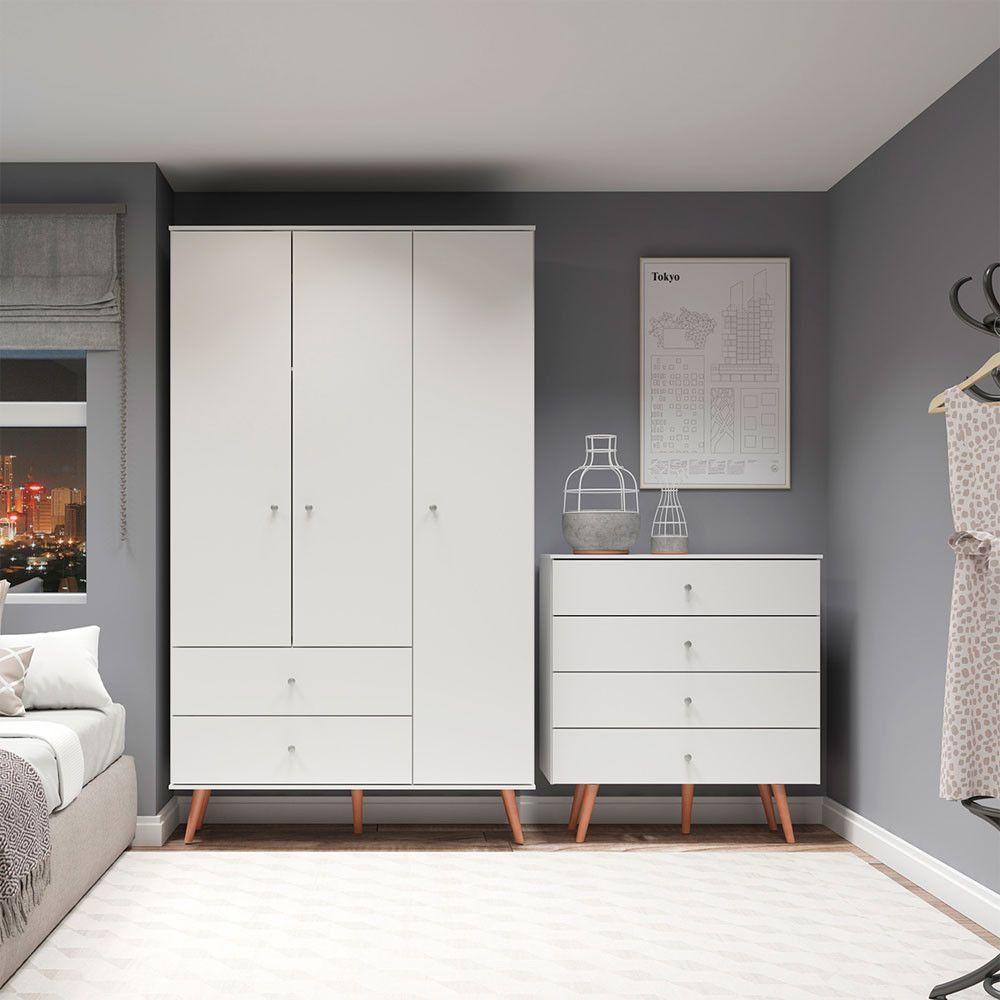 Kit Para Quarto Guarda-roupa E Cômoda Retrô Mdp Menu Móveis Branco - 1