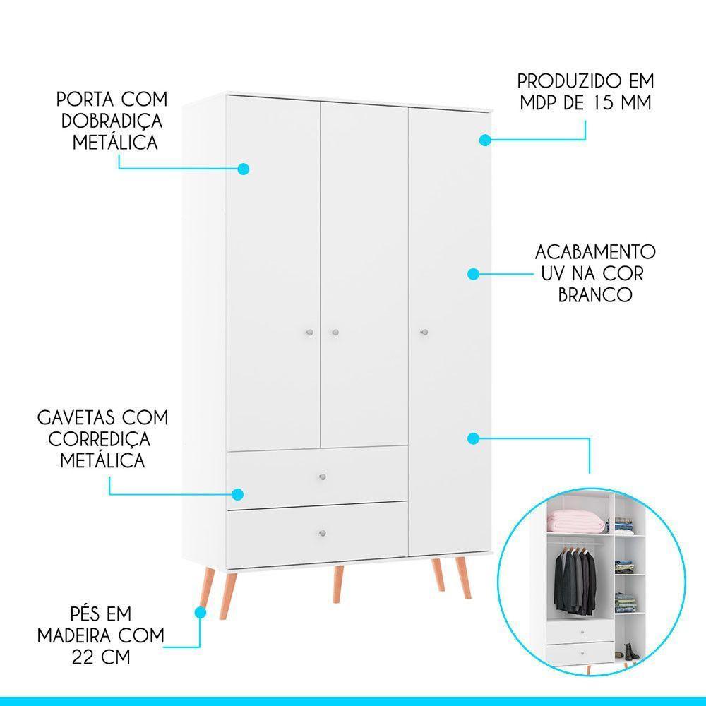 Kit Para Quarto Guarda-roupa E Cômoda Retrô Mdp Menu Móveis Branco - 2