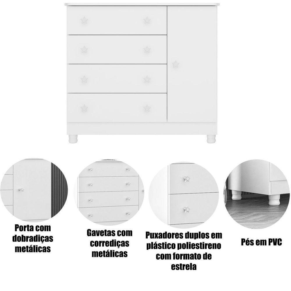 Cômoda Sapateira Infantil 1 Porta 4 Gavetas C/ Pés Doce Mel Branco - 3