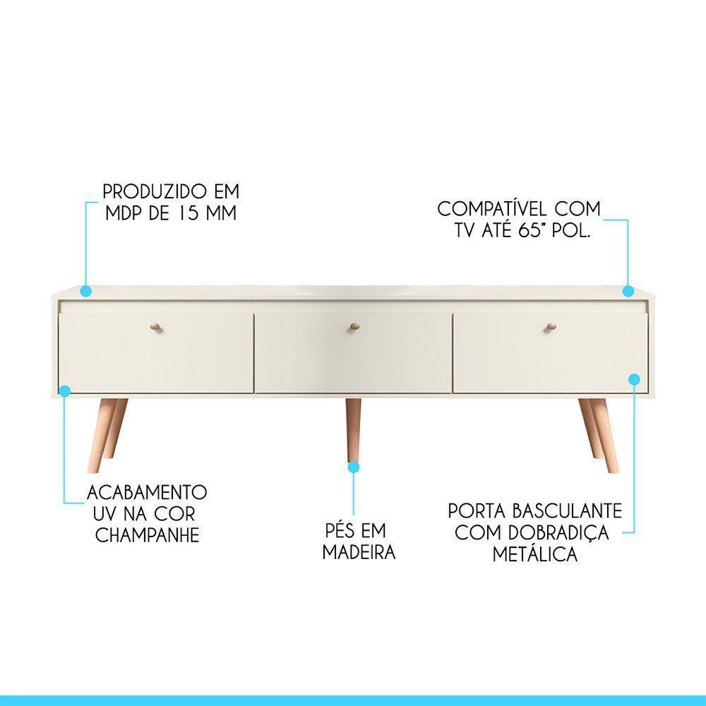 Rack Memphis Tv 65 Pol 3 Pts Retrô Mdp Champanhe Menu Móveis Champanhe - 2
