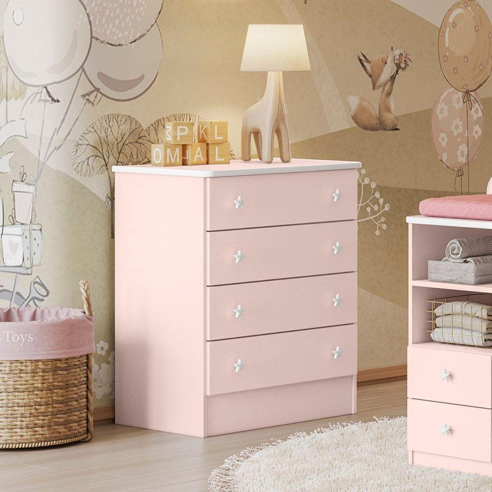 Cômoda Infantil 4 Gavetas Mdp Doce Mel Rosa - 6