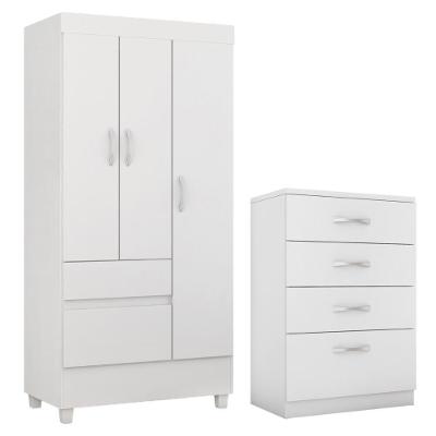 Kit Guarda Roupa Solteiro Wind e Cômoda Astral 3 Portas Giratórias 2 Gavetas em MDP Branco