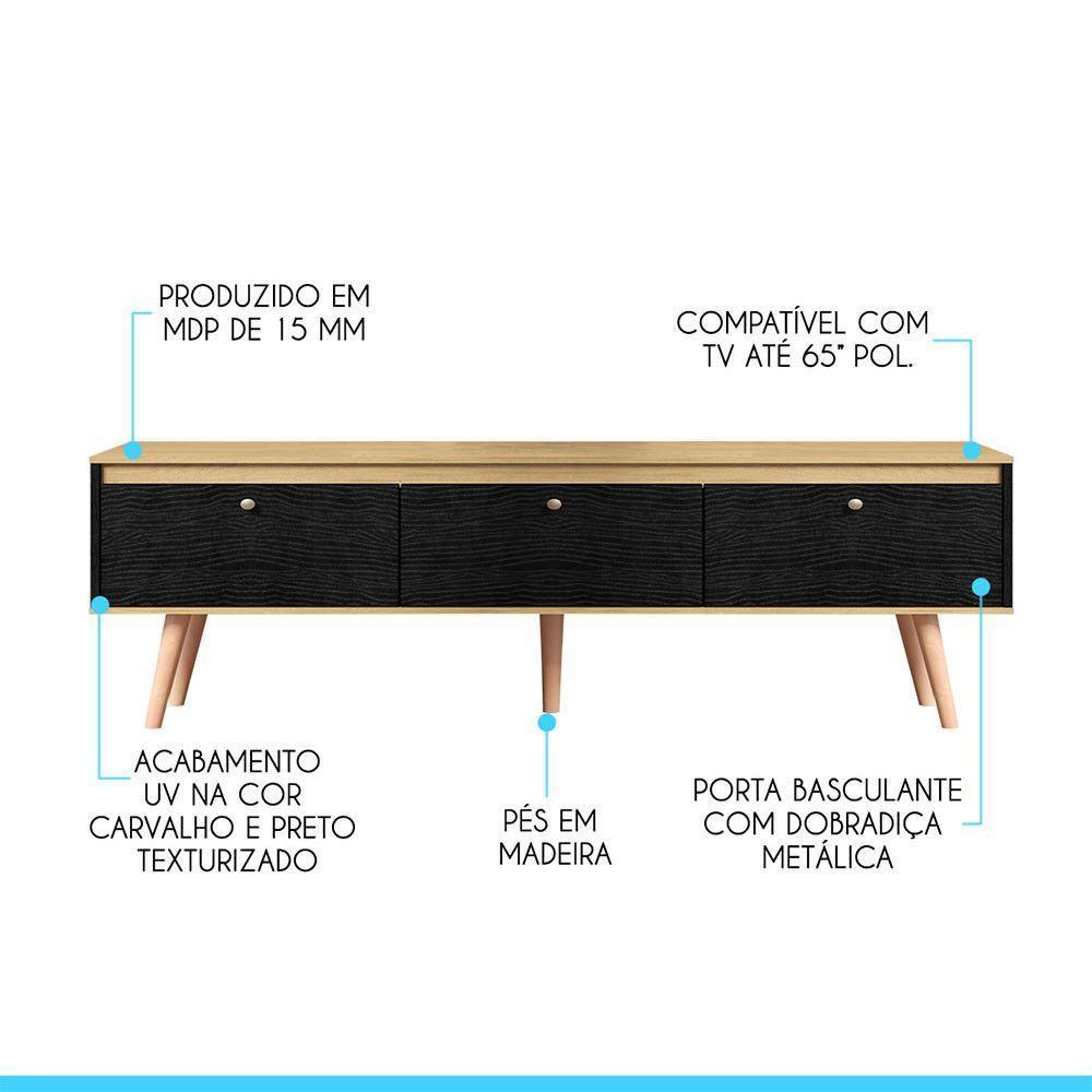 Rack Memphis Tv 65 Pol Retrô 3 Portas Mdp Preto Menu Móveis Preto - 2