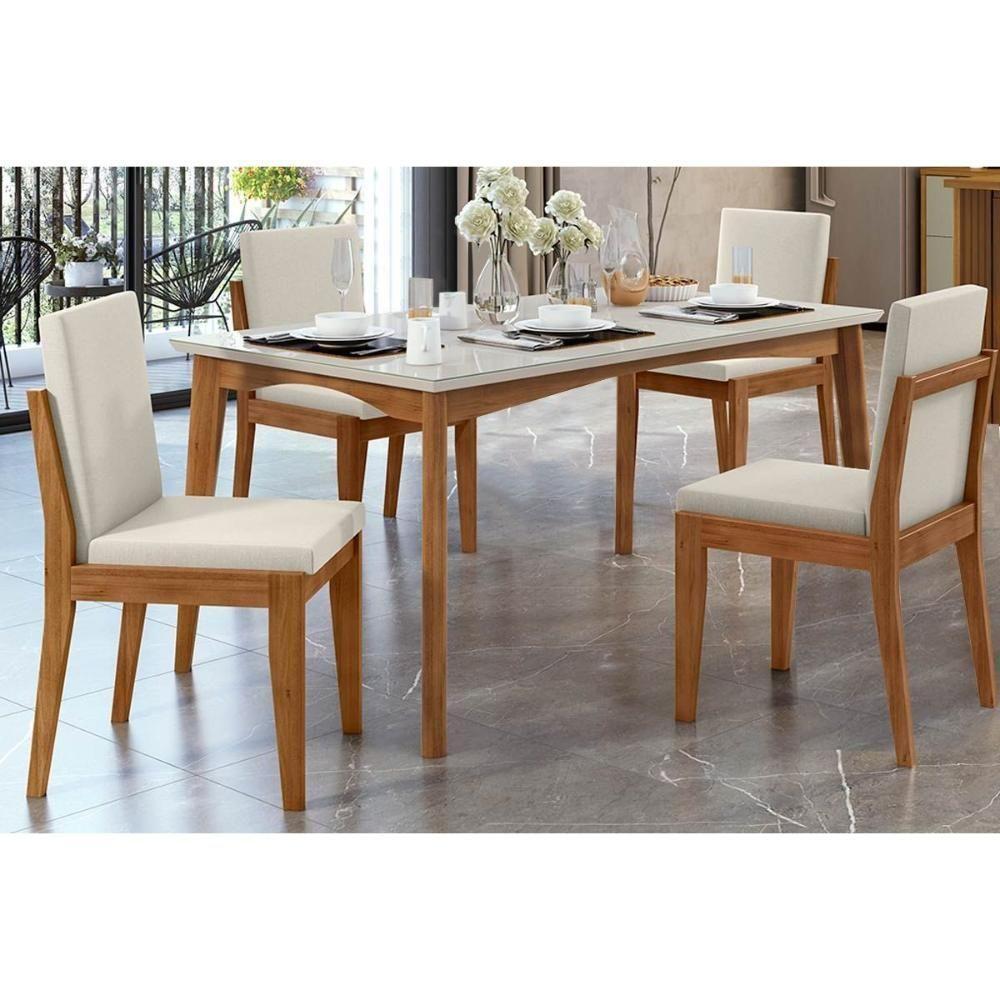 Sala De Jantar Monalisa Com Tampo Madeirado Com Vidro 160cm+ 4 Cadeiras Lady Natural Nesher - 1