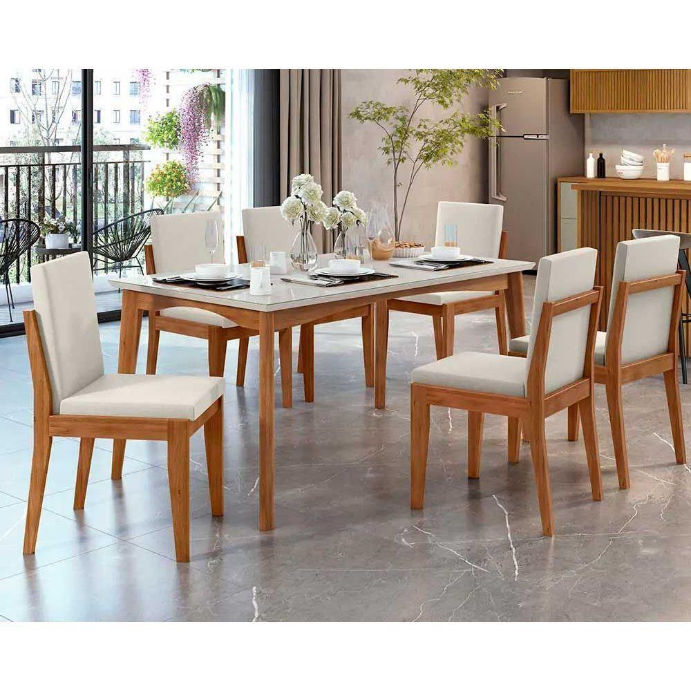 Conjunto Mesa De Cozinha Monalisa Com Tampo Madeirado Com Vidro 160cm E 6 Cadeiras Lady Natural Nesher - 1