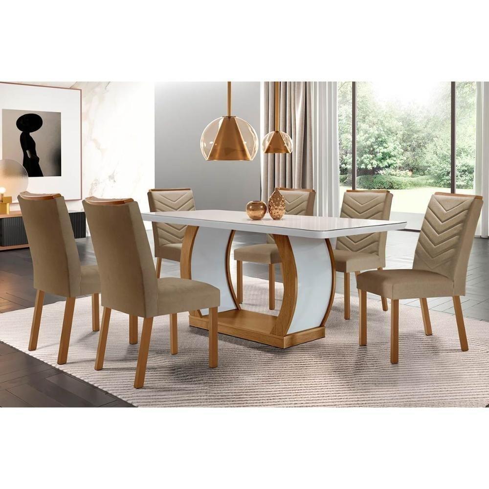 Sala De Jantar Completa Jade Tampo Madeirado C- Vidro Canto Curvo 180x90 E 6 Cadeiras Londrina Imbuia-off White - Suede Capuccino - Rufato - 1