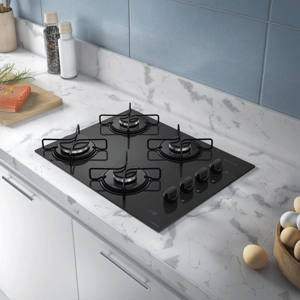 Cooktop 4 Bocas Preto Mesa De Vidro Atlas Agile Up Mega Chama Bivolt - 2