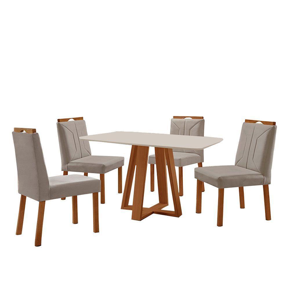 Conjunto Sala De Jantar Mesa Floripa 120x80cm Off White Com 4 Cadeiras Luna Veludo Cinza - 1