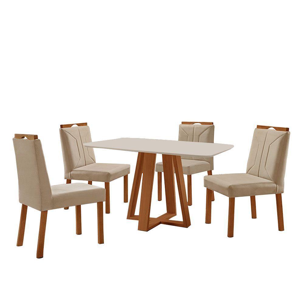 Conjunto Sala De Jantar Mesa Floripa 120x80cm Off White Com 4 Cadeiras Luna Veludo Bege - 1