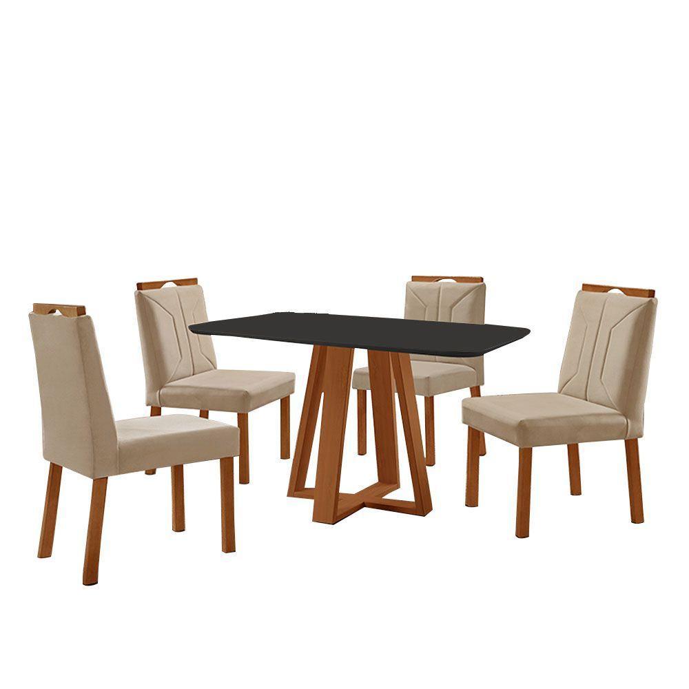Conjunto Sala De Jantar Mesa Floripa 120x80cm Preto Com 4 Cadeiras Luna Veludo Bege - 1