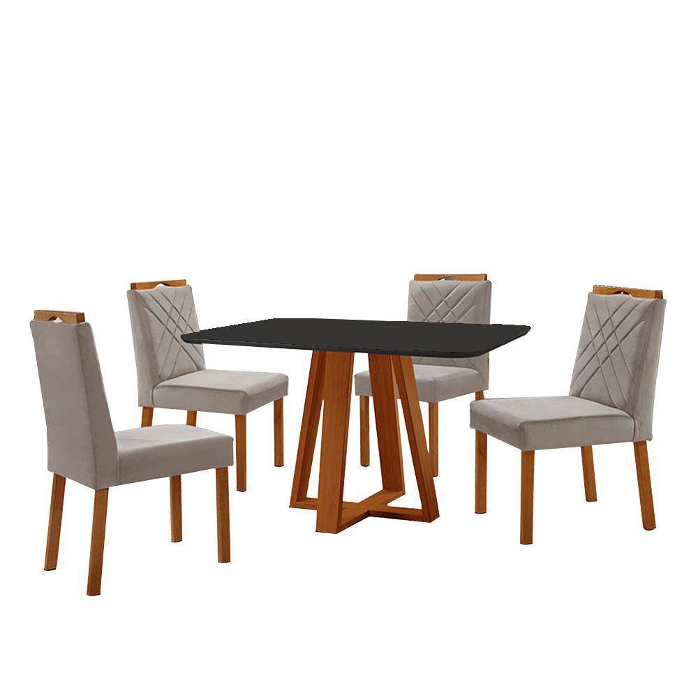 Conjunto Sala De Jantar Mesa Floripa 120x80cm Preto Com 4 Cadeiras Dallas Veludo Cinza - 1
