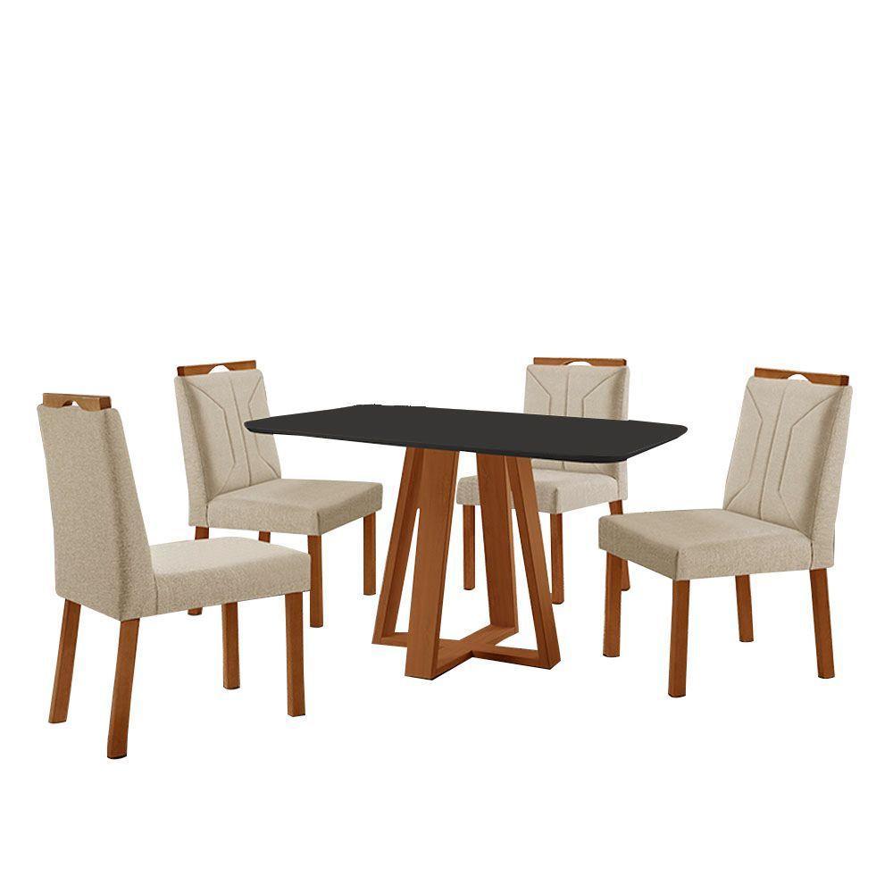 Conjunto Sala De Jantar Mesa Floripa 120x80cm Preto Com 4 Cadeiras Luna Linho Bege - 1