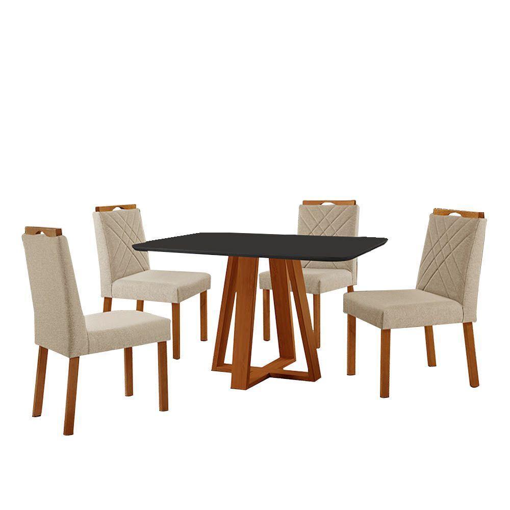 Conjunto Sala De Jantar Mesa Floripa 120x80cm Preto Com 4 Cadeiras Dallas Linho Bege - 1