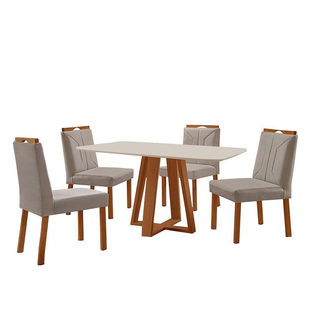Conjunto Sala De Jantar Mesa Floripa 140x80cm Off White Com 4 Cadeiras Luna Veludo Cinza - 1