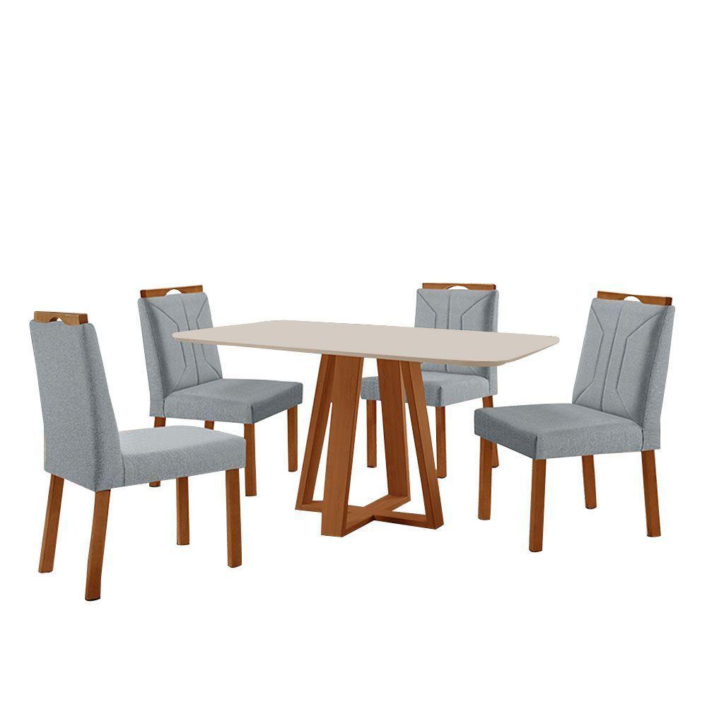 Conjunto Sala De Jantar Mesa Floripa 140x80cm Off White Com 4 Cadeiras Luna Linho Cinza - 1