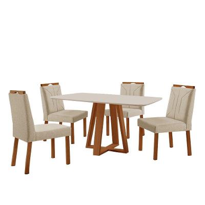 Conjunto Sala De Jantar Mesa Floripa 140x80cm Off White Com 4 Cadeiras Luna Linho Bege