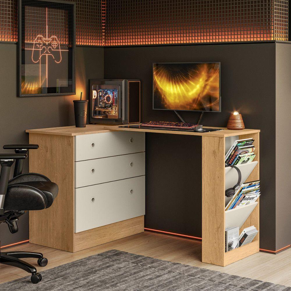 Cômoda Com Mesa Gamer Giratória Freijo Com Off White Qmovi Freijo Com Off White - 3