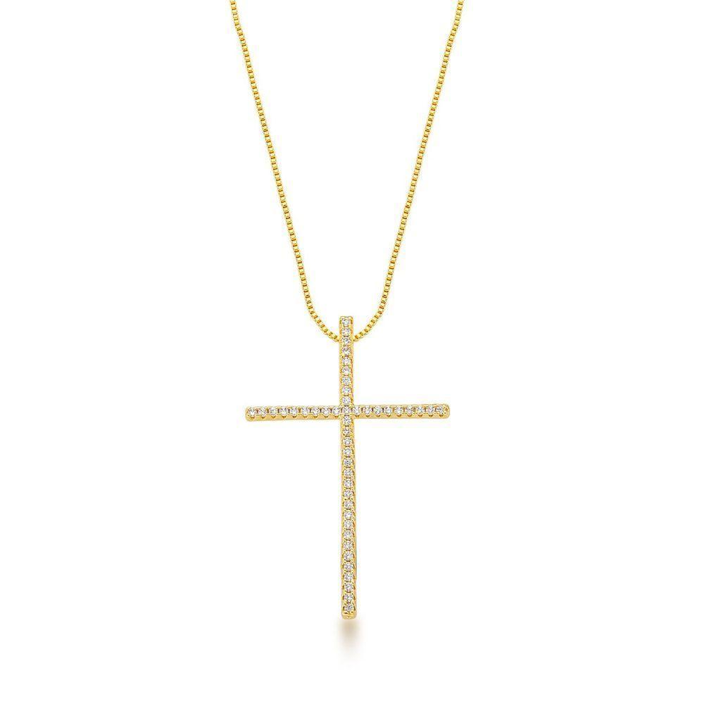 Colar Com Crucifixo Cravejado Banhado A Ouro 18k 60cm - 1