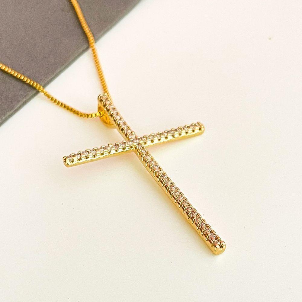 Colar Com Crucifixo Cravejado Banhado A Ouro 18k 60cm - 2