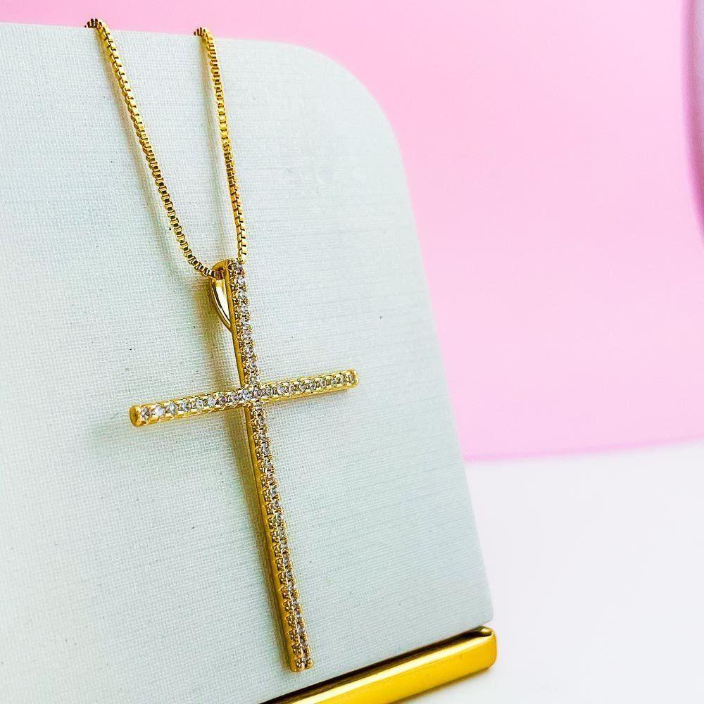 Colar Com Crucifixo Cravejado Banhado A Ouro 18k 60cm - 5